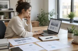 Professionnelle préparant le cahier des charges d’un site web devant un ordinateur et des documents de projet.