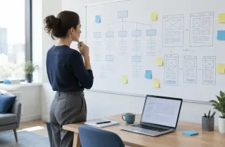 Professionnelle de l’UX construisant une arborescence et des wireframes sur un tableau avant la conception graphique d’un site web.